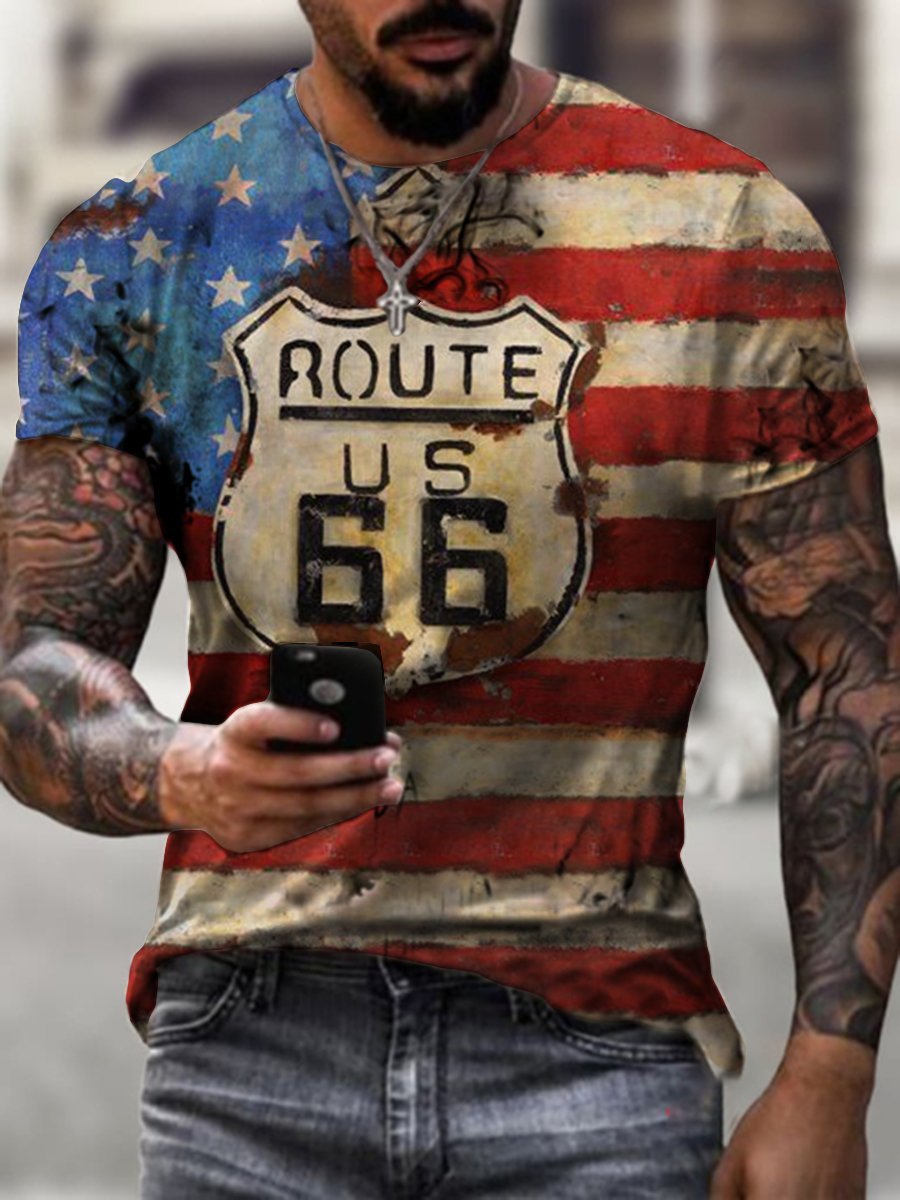 Mens Crew Neck Route 66 Flag Short Sleeve Tops T-shirts - DUVAL
