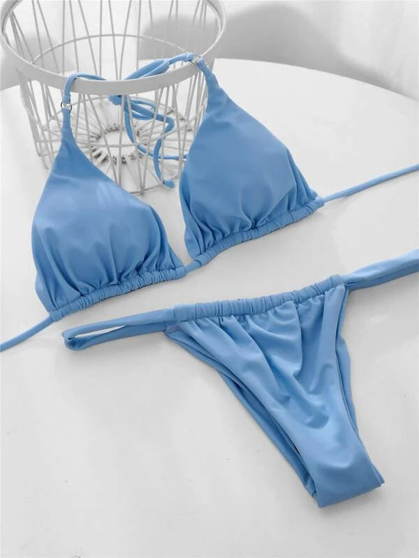 Sexy Strap Solid Bikini Set