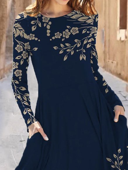 Casual Floral Print Crew Neck Long Sleeves Maxi Dress - DUVAL