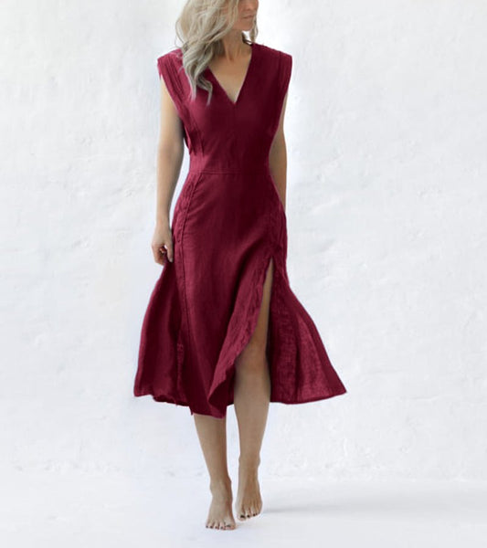 Elegant V-Neck With Side Slit Midi Dress - DUVAL