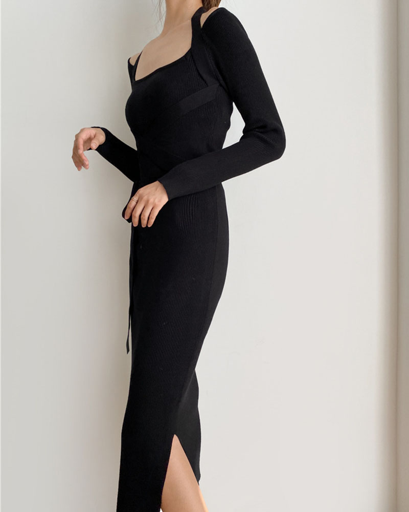 One-shoulder elegant waist-waist tie knitted dress