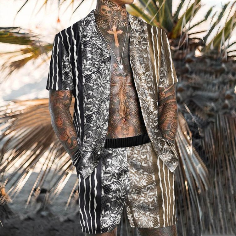 Men's Casual Black and Brown Geometric Print Beach Suit