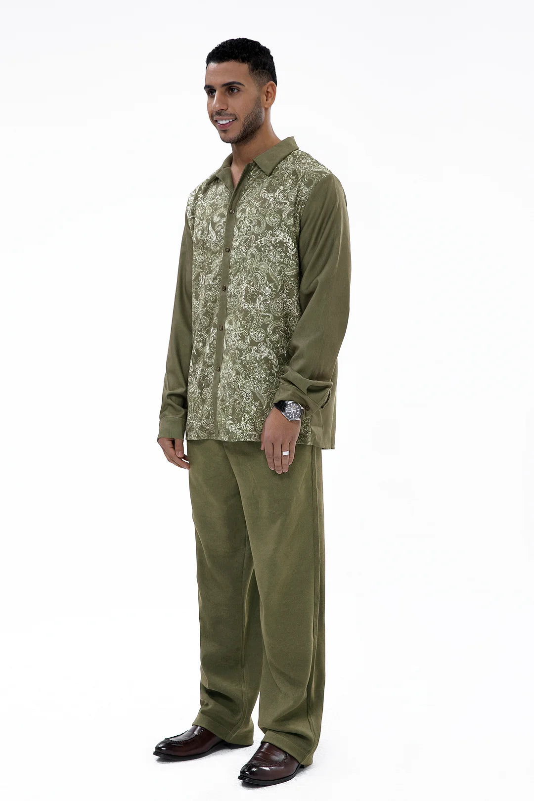 Long Sleeve Trousers Green Cashew Blossom Two-Piece Walking Set