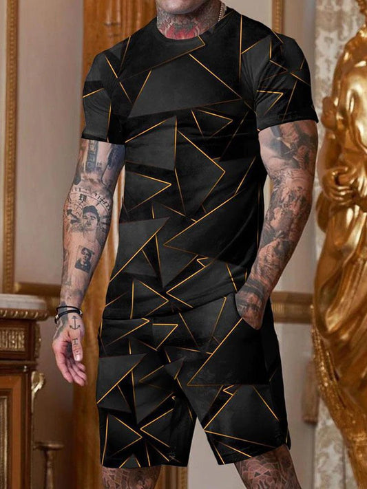 Men's Casual Black Geometric Print Round Collar Suit - DUVAL