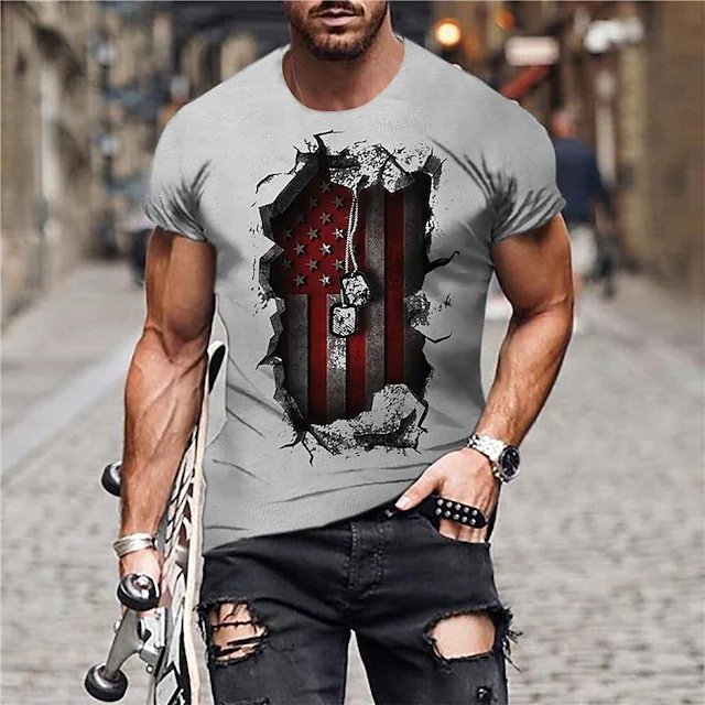 Men's  T shirt Tee 3D Print Graphic Prints National Flag Crew Neck Street Daily Print Short Sleeve Tops Designer Casual Vintage Big and Tall Gray - DUVAL