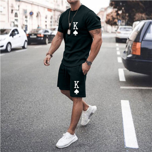King Solid Black Sports T-shirt and Shorts Hawaiian Suit