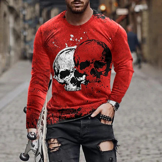 Men's  T shirt Tee Skull Graphic Prints Crew Neck Red Long Sleeve 3D Print Outdoor Street Print Tops Basic Vintage Sports Designer - DUVAL