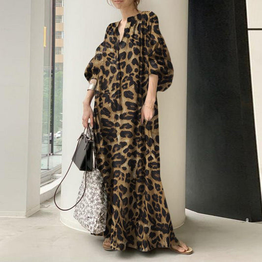 Robe chemise bohème décontractée à imprimé léopard, col montant, manches bulles