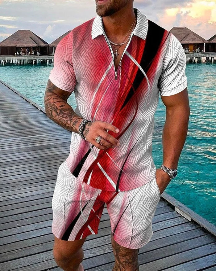 Men's Casual White/Red/Black Printed Polo Suit - DUVAL