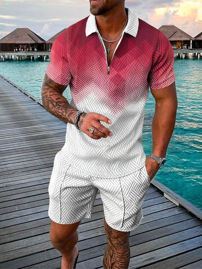 Men's Casual Red/White Printed Polo Suit