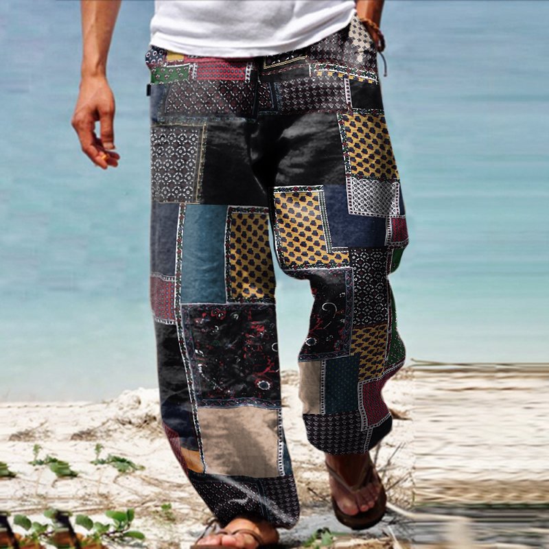 Men's Linen Western Ethnic Irregular Boho Print Double Pocket Stretch Loose Pants - DUVAL