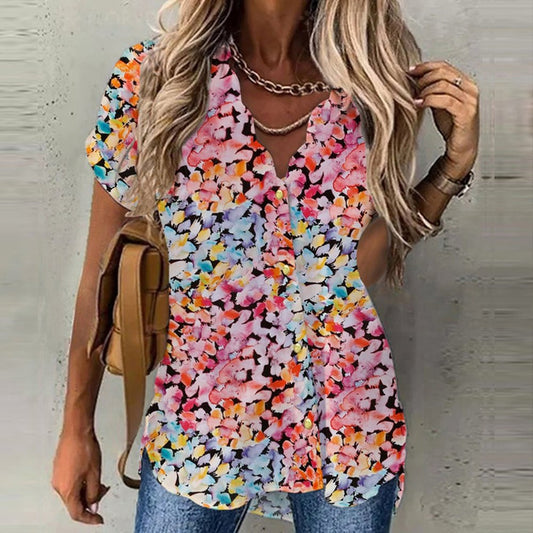 Pink and Blue Flower Paradise Short Sleeve Blouse Top - DUVAL