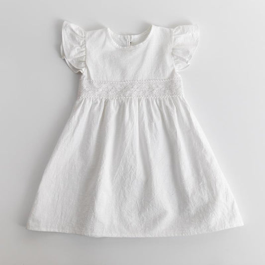 Lace flying sleeve pleated cotton linen dress