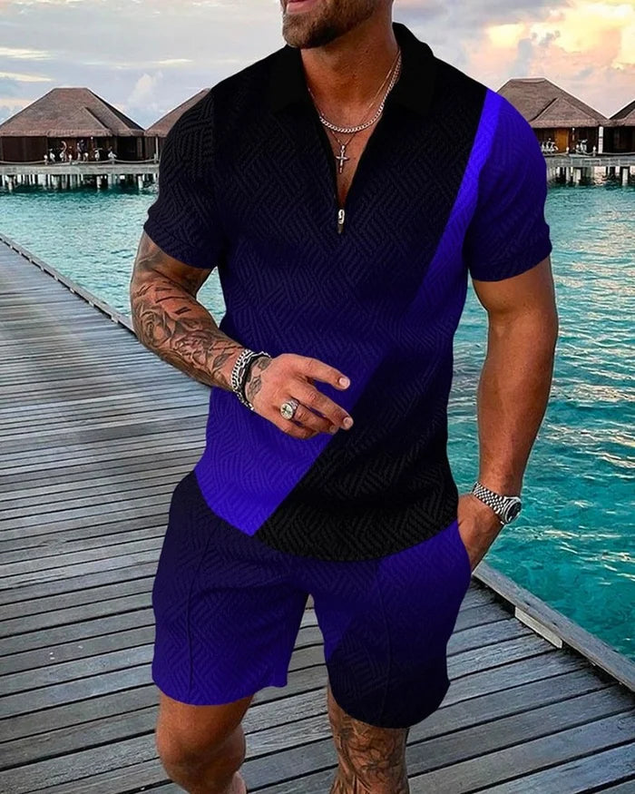 Men's Casual Dark Purple Printed Polo Suit - DUVAL