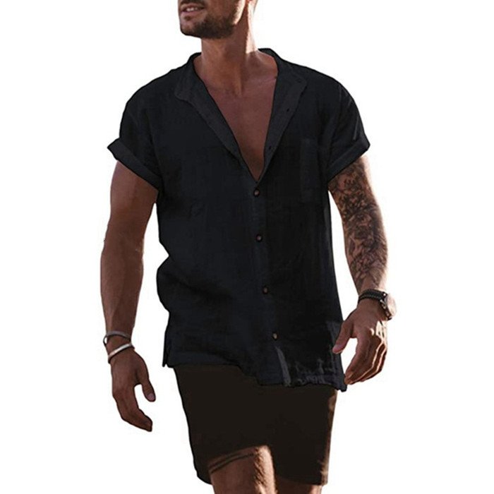 Men's Linen Loose Short Sleeve Pocket Simple Casual Shirt
