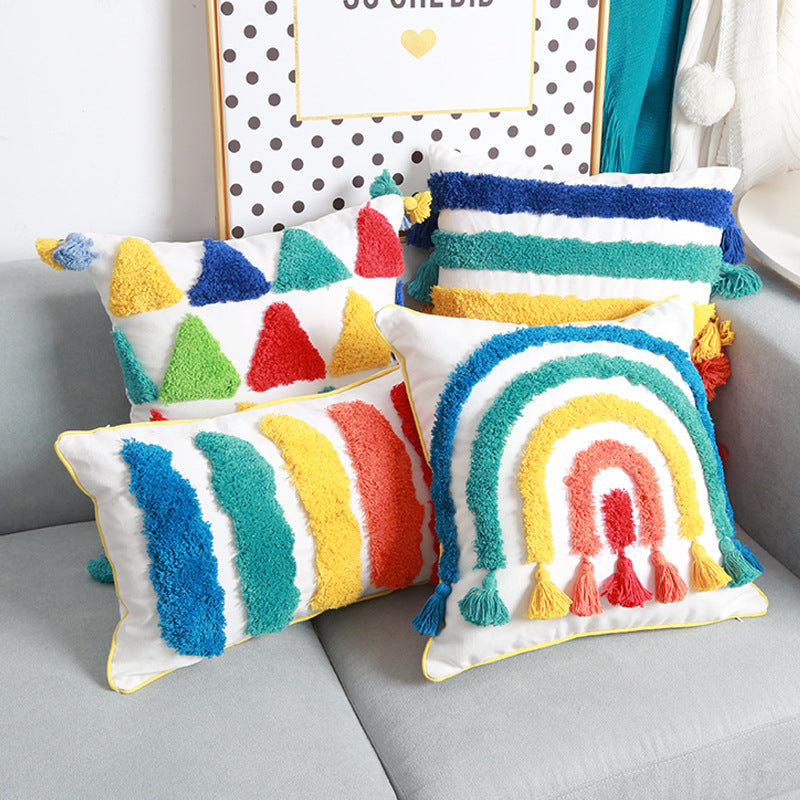 Rainbow tufted embrace embroidery pillow cover