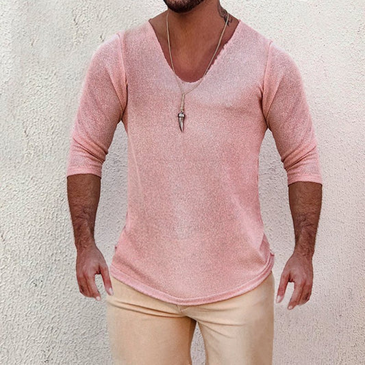 Men's Deep V Neck Breathable Linen Cotton Mid Sleeve T-Shirt - DUVAL