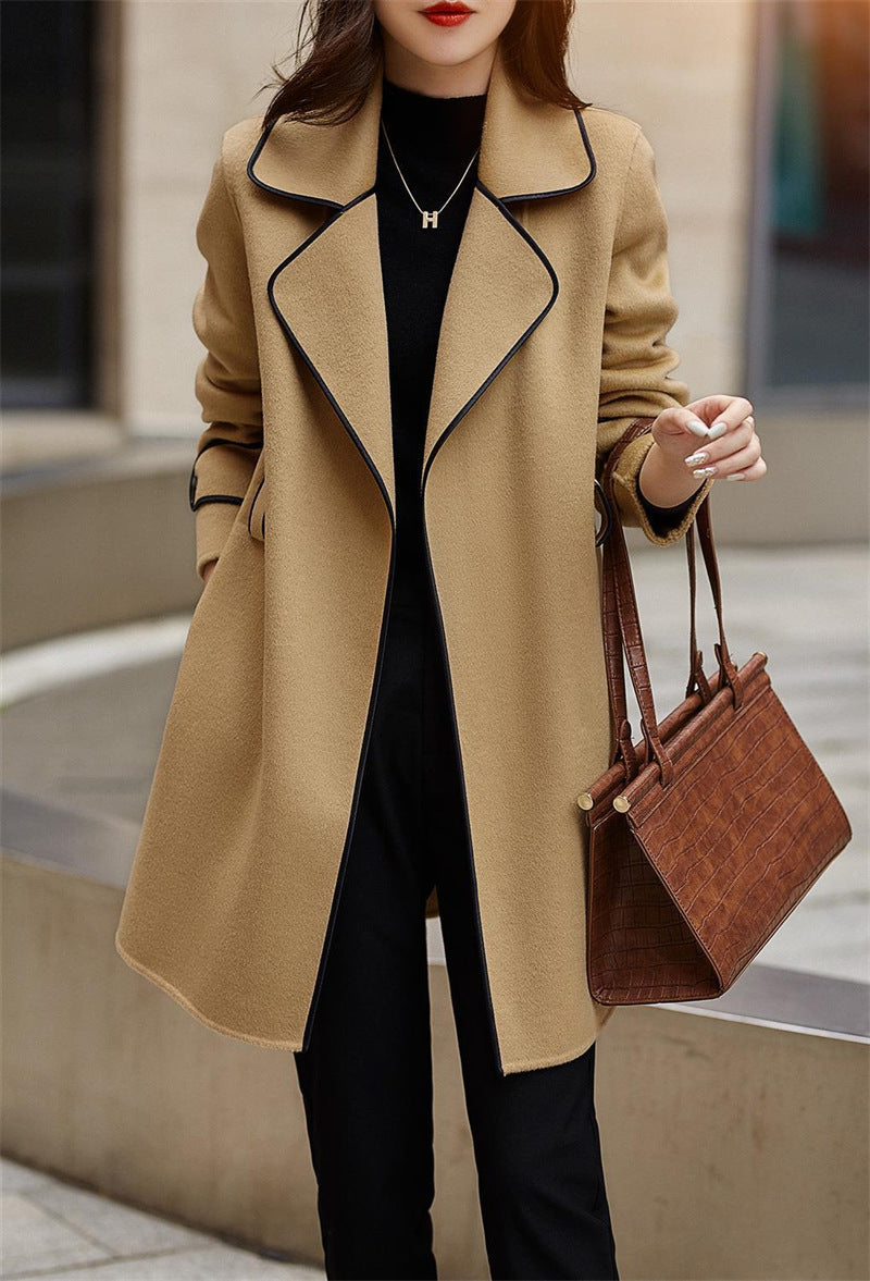 Autumn and winter mid-length slim fit tie woolen coat