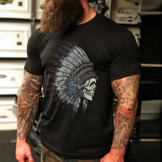 Indian Skull Head Biker Dark T-Shirt - DUVAL