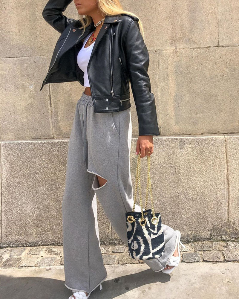 Fashion Ripped Loose Grey Straight Trousers