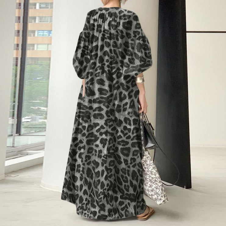 Robe chemise bohème décontractée à imprimé léopard, col montant, manches bulles