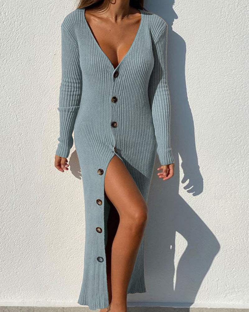 Knit ribbed button long-sleeve cardigan dress