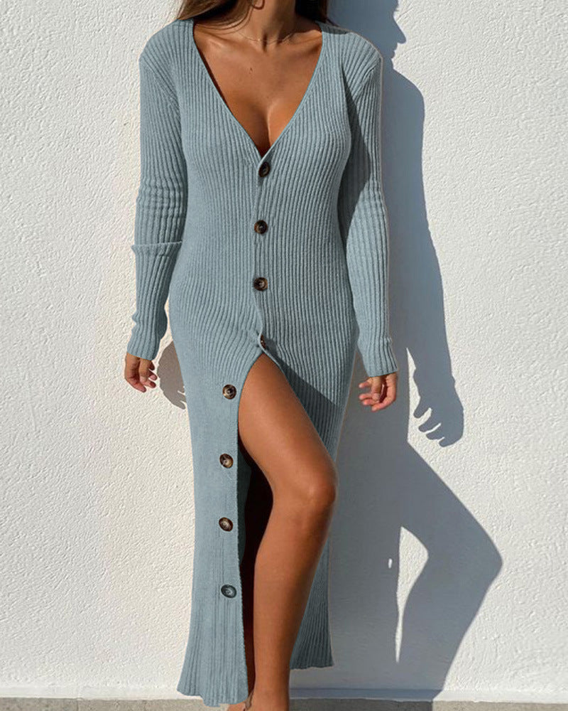 Robe cardigan à manches longues boutonnée en maille côtelée