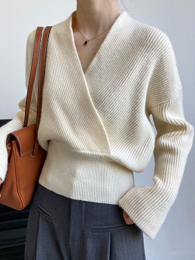 Cropped Vintage Crossover V-Neck Wrap Sweater