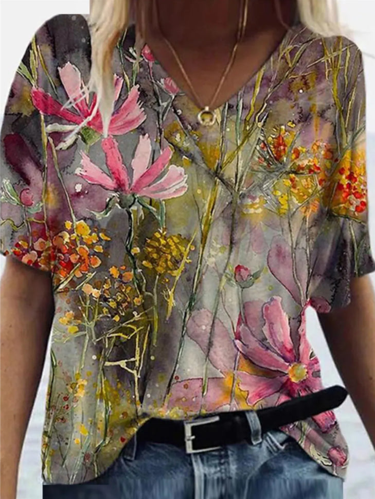 Womens Fashion Oil Drawing Floral Print Casual Tees - DUVAL