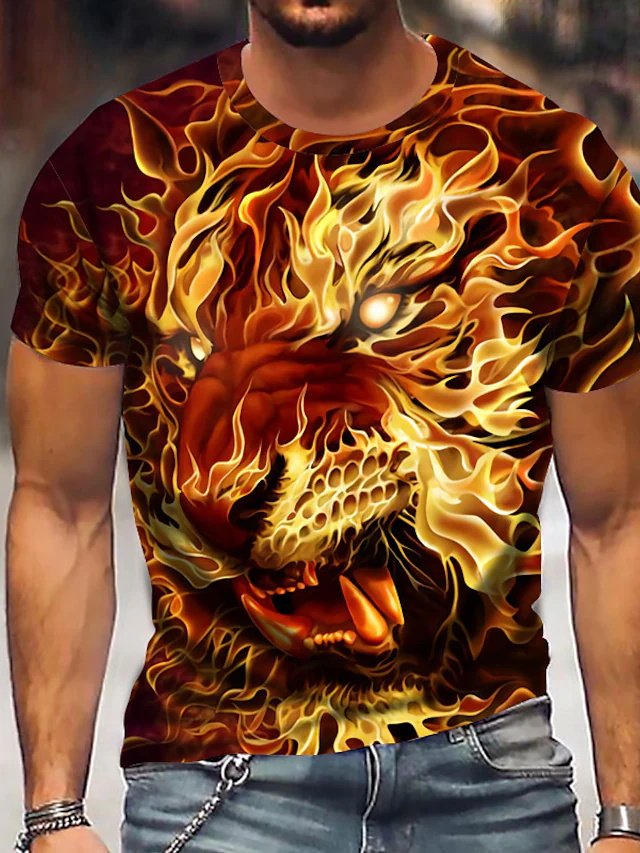 Men's T shirt Tee 3D Print Lion Animal Crew Neck Street Casual Print Short Sleeve Tops Sportswear Casual Fashion Comfortable Red - DUVAL