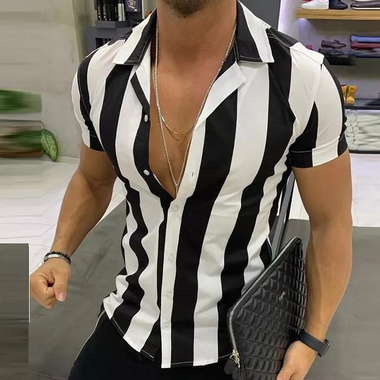 Striped Texture Slim-fit Lapel Short-Sleeved Shirt