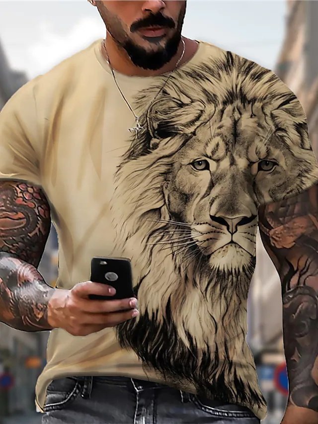 Men's  T Shirt Tee 3D Print Graphic Prints Lion Crew Neck Daily Holiday Print Short Sleeve Tops Designer Casual Big and Tall Khaki - DUVAL