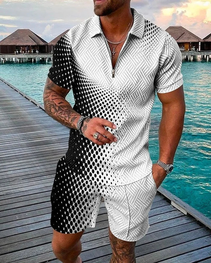 Men's Casual Black/White Printed Polo Suit - DUVAL
