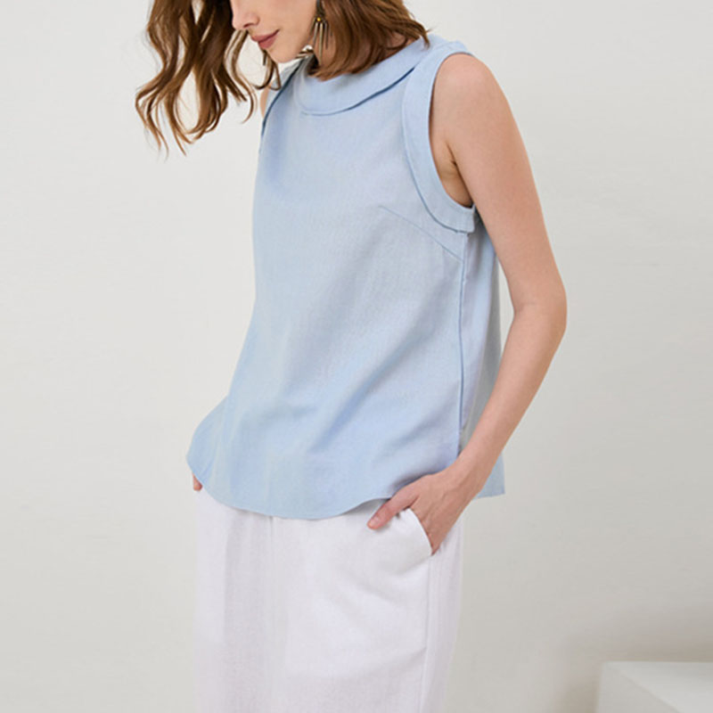 Women's lapel collar sleeveless cotton linen shirt