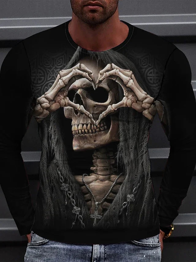 Men's T shirt Tee Tee Graphic Skull Heart Round Neck Black 3D Print Casual Daily Long Sleeve 3D Print Clothing Apparel Classic Comfortable - DUVAL