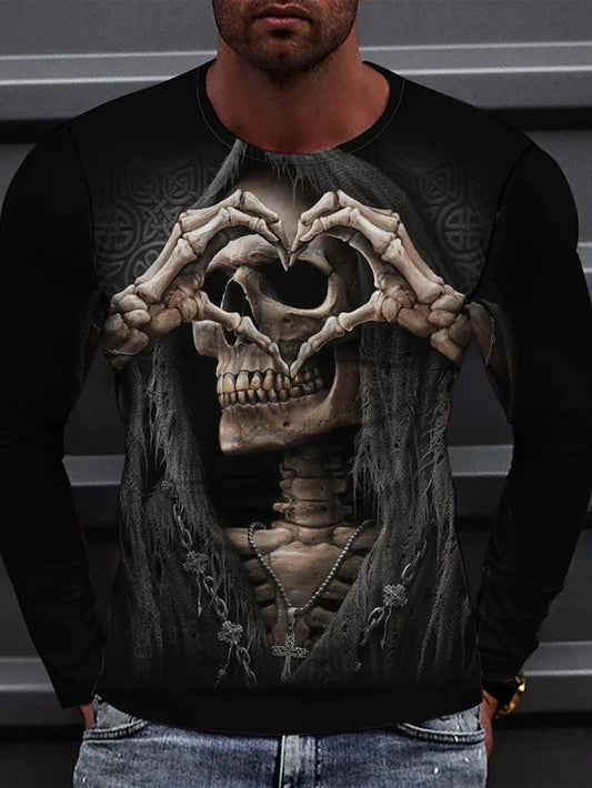 Men's T shirt Tee Tee Graphic Skull Heart Round Neck Black 3D Print Casual Daily Long Sleeve 3D Print Clothing Apparel Classic Comfortable - DUVAL