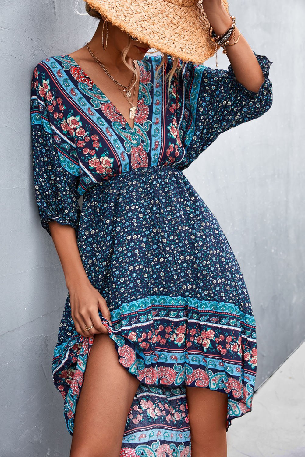 Floral Printed Bohemian V Neck Dress - DUVAL