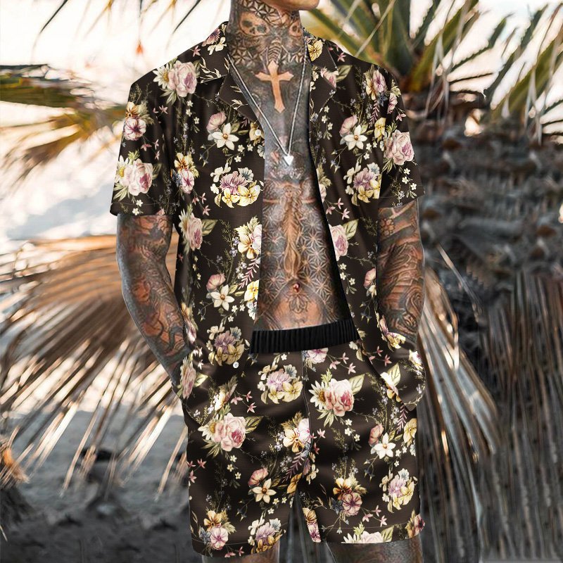 Men's Casual Black and Brown Floral Print Beach Suit - DUVAL
