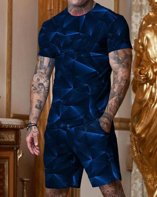 Men's Fashion Black and Blue Printed Short Sleeve Round Collar Suit - DUVAL