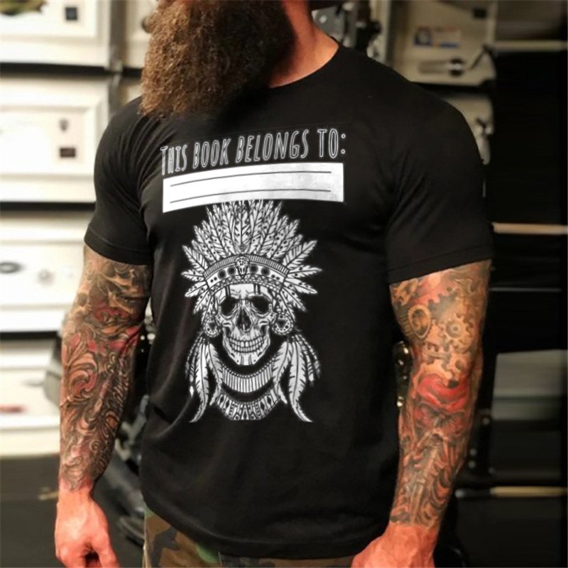 Men's Short Sleeve Skull Indian Head Dark Biker T-Shirt