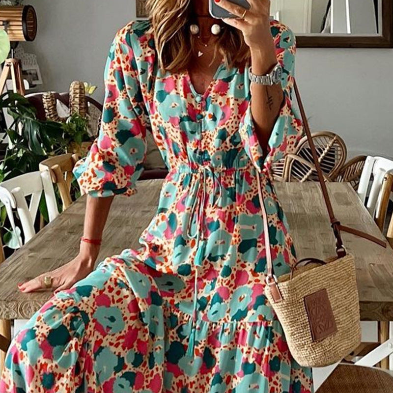 V-neck Long-sleeves Printed Loose Mid-length Dress