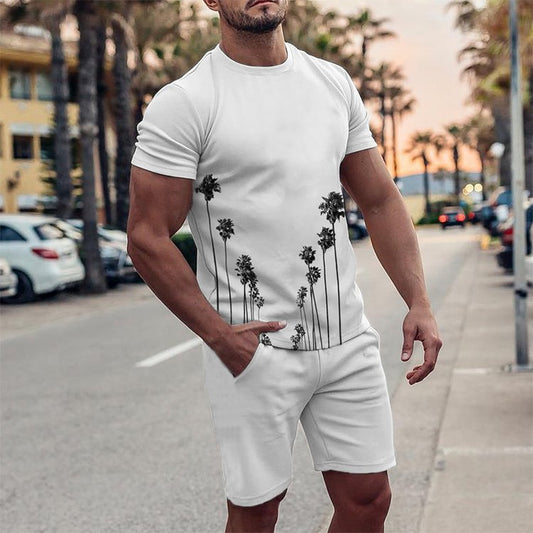 Men's White Coconut Print Round Collar Short Sleeve Suit - DUVAL