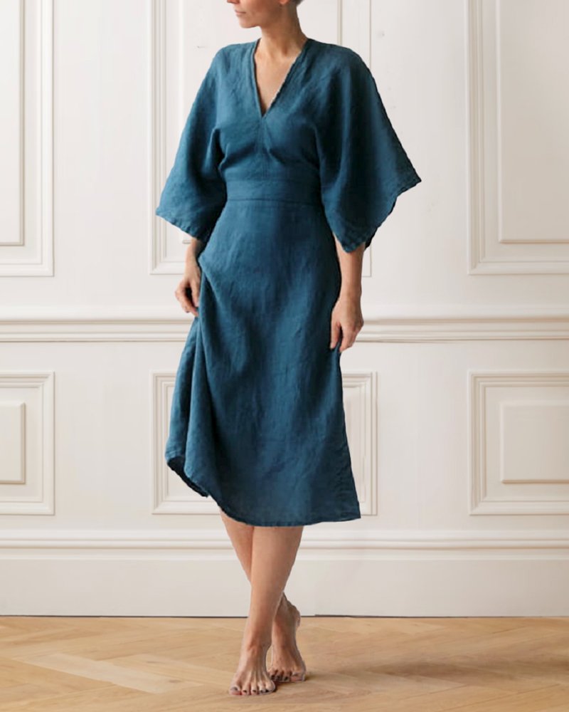 Elegant Ink Blue Linen Dress - DUVAL
