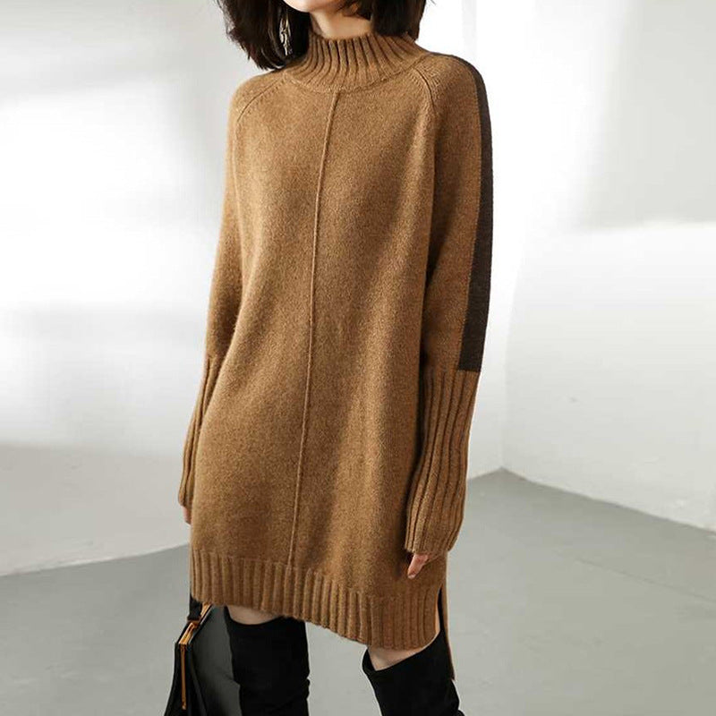 High-neck loose thick color-block knitted dress