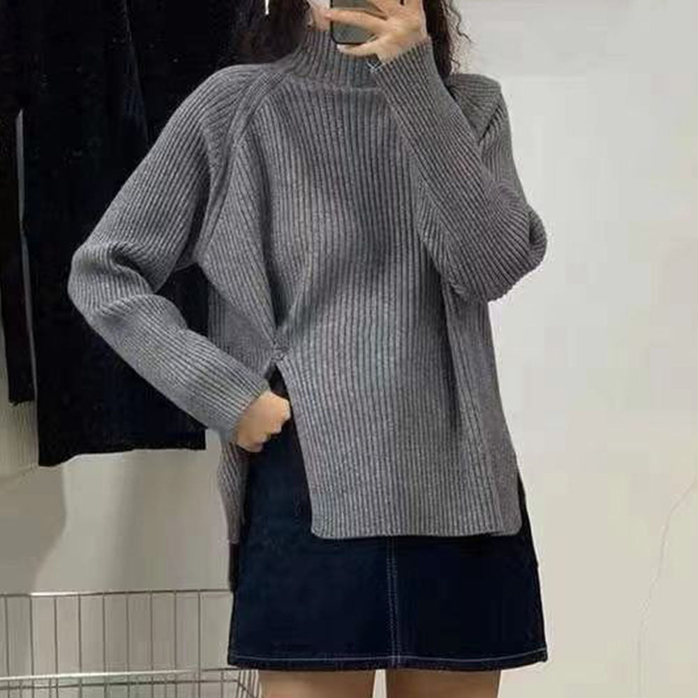 Half turtleneck slit pullover pit strip knitted top