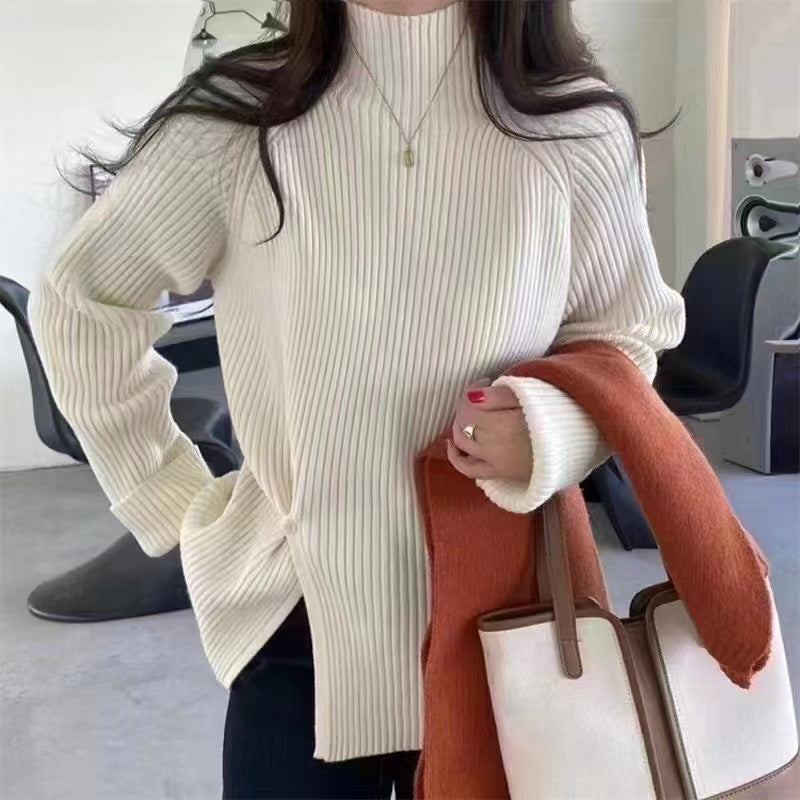 Half turtleneck slit pullover pit strip knitted top