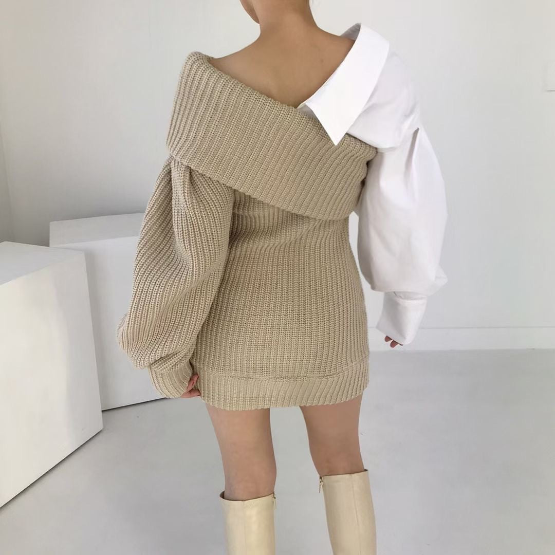 Fashion splicing false two-piece slanted shoulder dress