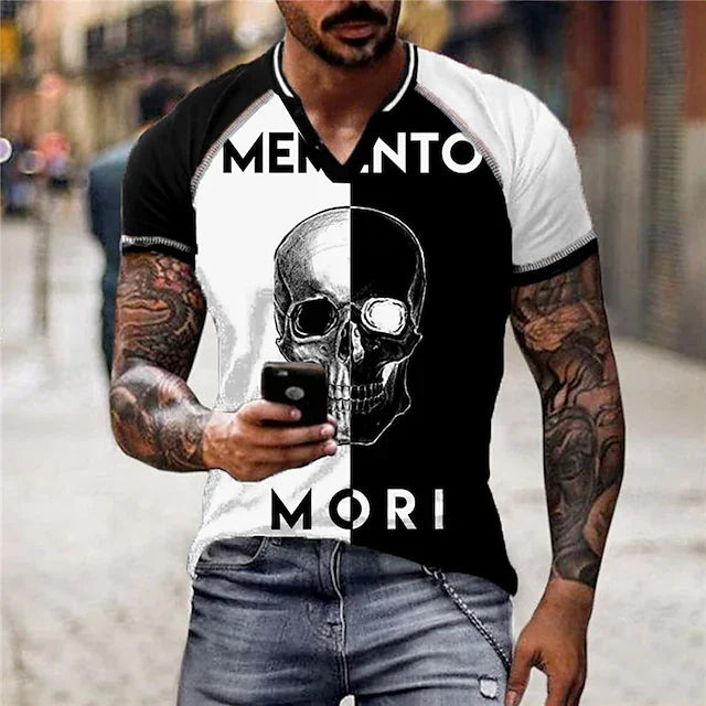 Men's  T shirt Tee Color Block Skull Graphic Prints V Neck Black / White 3D Print Outdoor Street Short Sleeve Patchwork Button-Down Clothing Apparel Sports Designer Casual Big and Tall / Summer - DUVAL