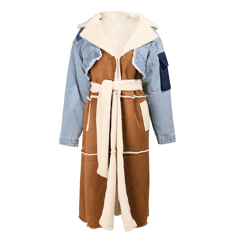 New fleece denim stitching winter lamb wool coat