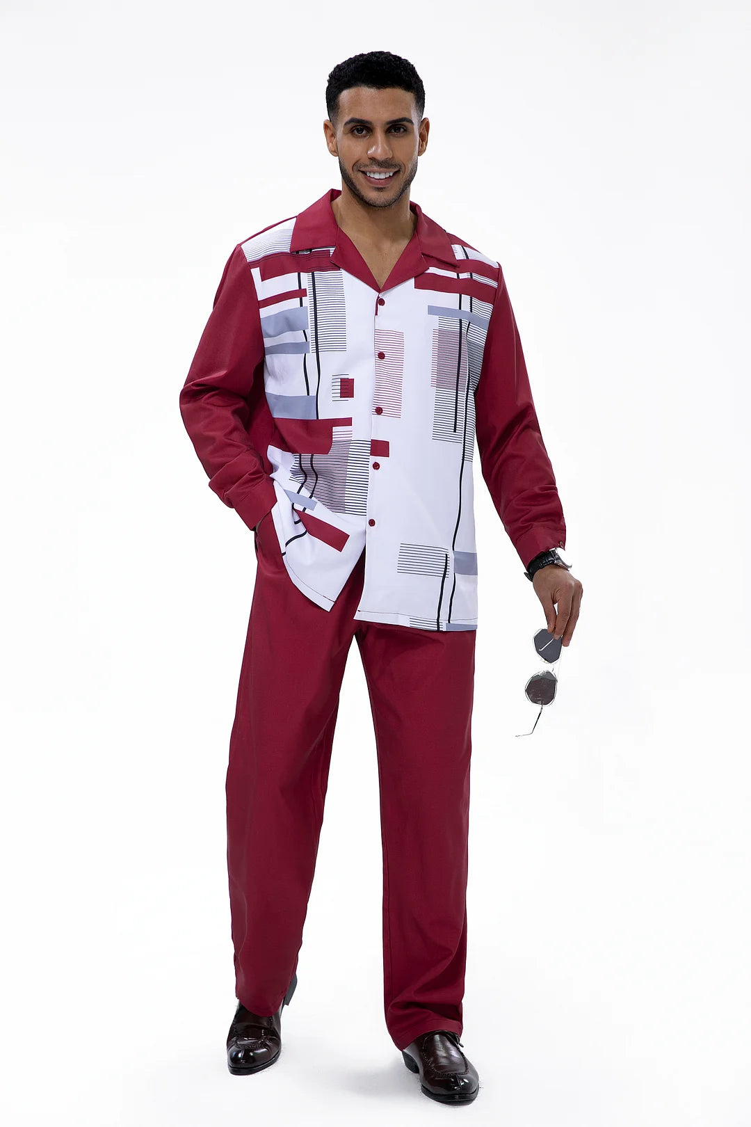 Burgundy Geometric Print Walking Suit 2 Piece LongSleeve Set - DUVAL